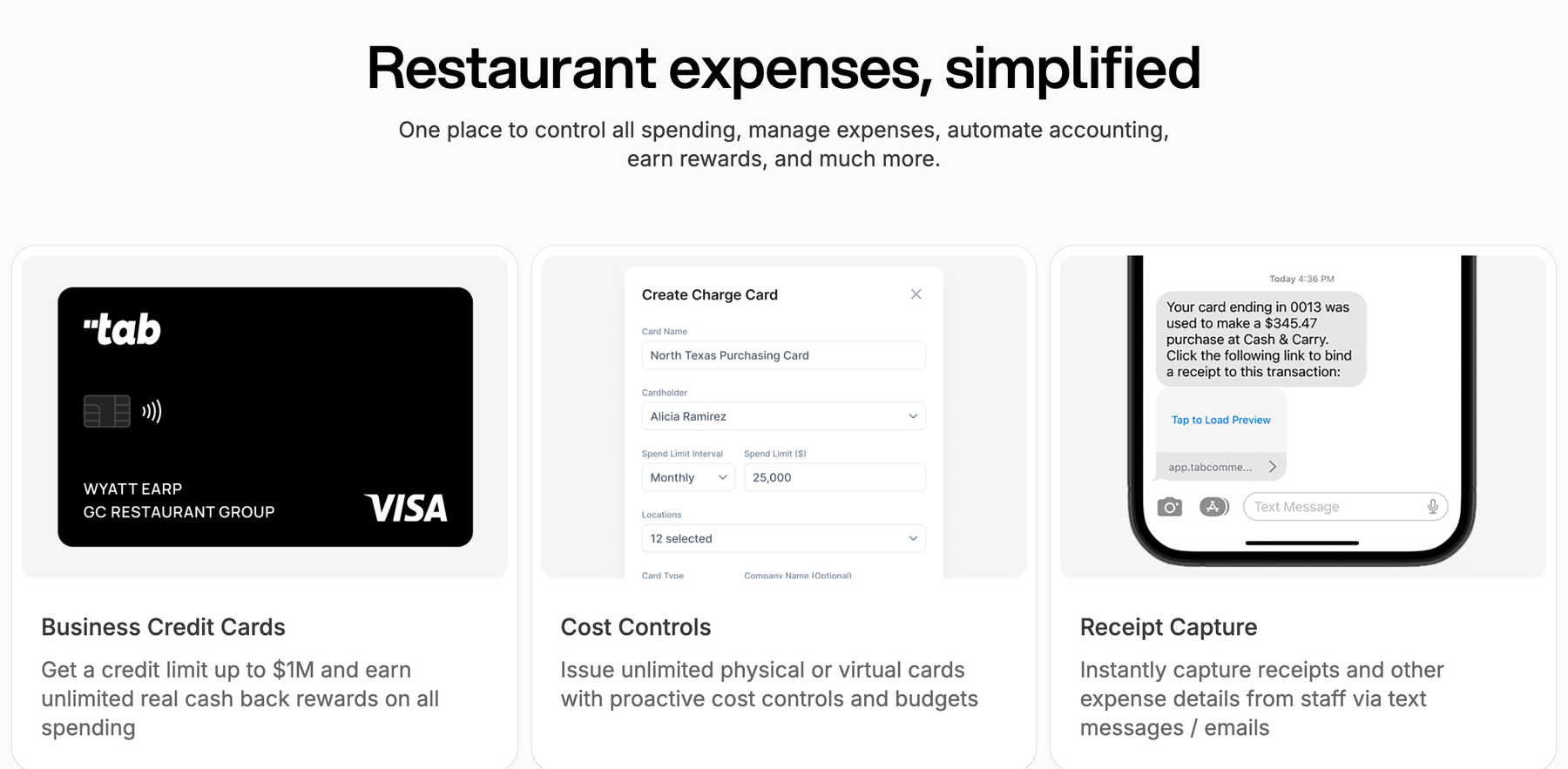The Tab Commerce card page showing three product tiles: business credit cards, cost controls with a create charge card form setting a monthly spend limit of 25,000 dollars across 12 selected locations, and receipt capture showing a text message asking the cardholder to bind a receipt to a 345.47 dollar purchase