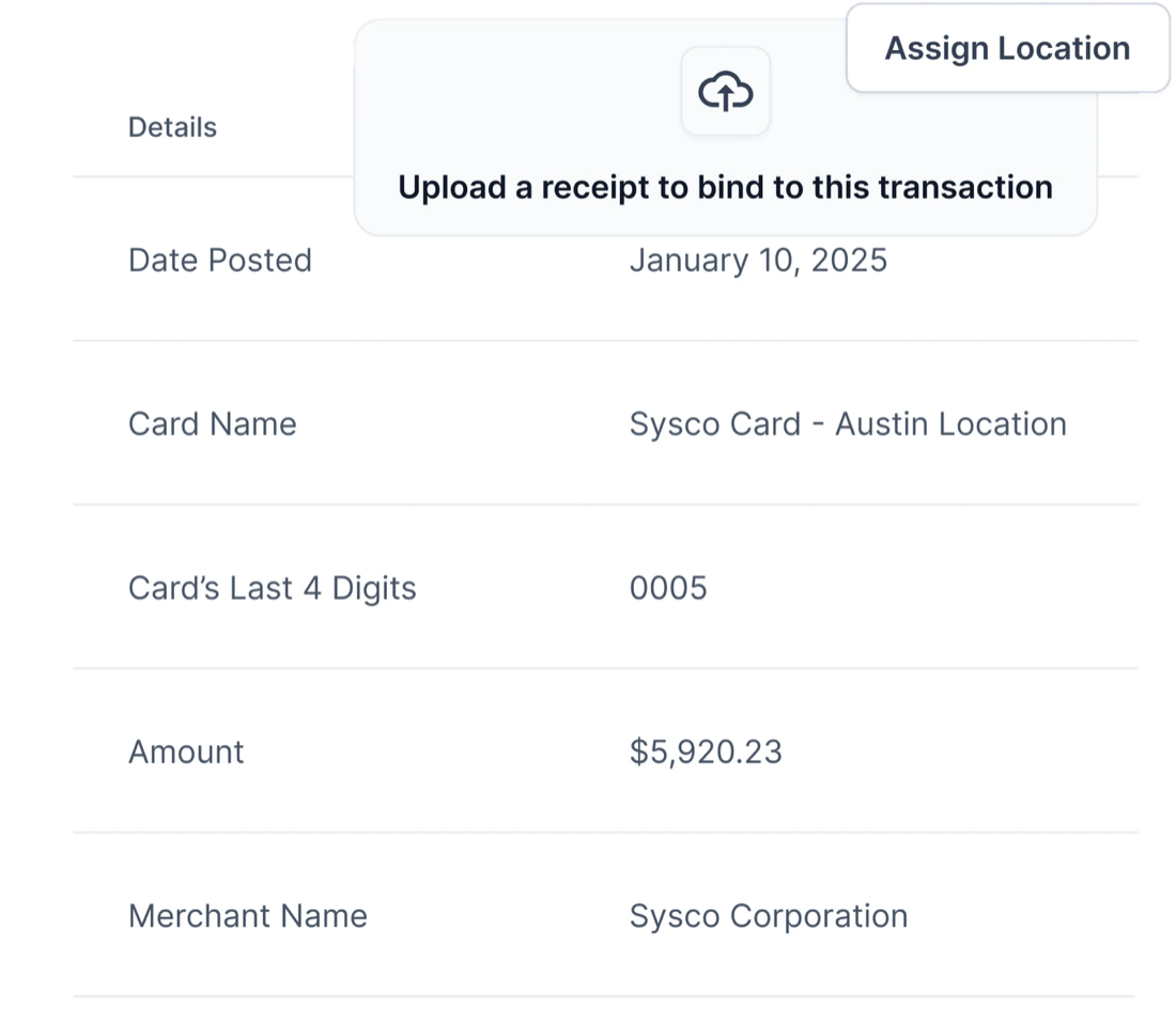 Tab transaction detail for a $5,920.23 Sysco Corporation purchase, showing an Assign Location control, a receipt upload prompt, and a card named Sysco Card, Austin Location.