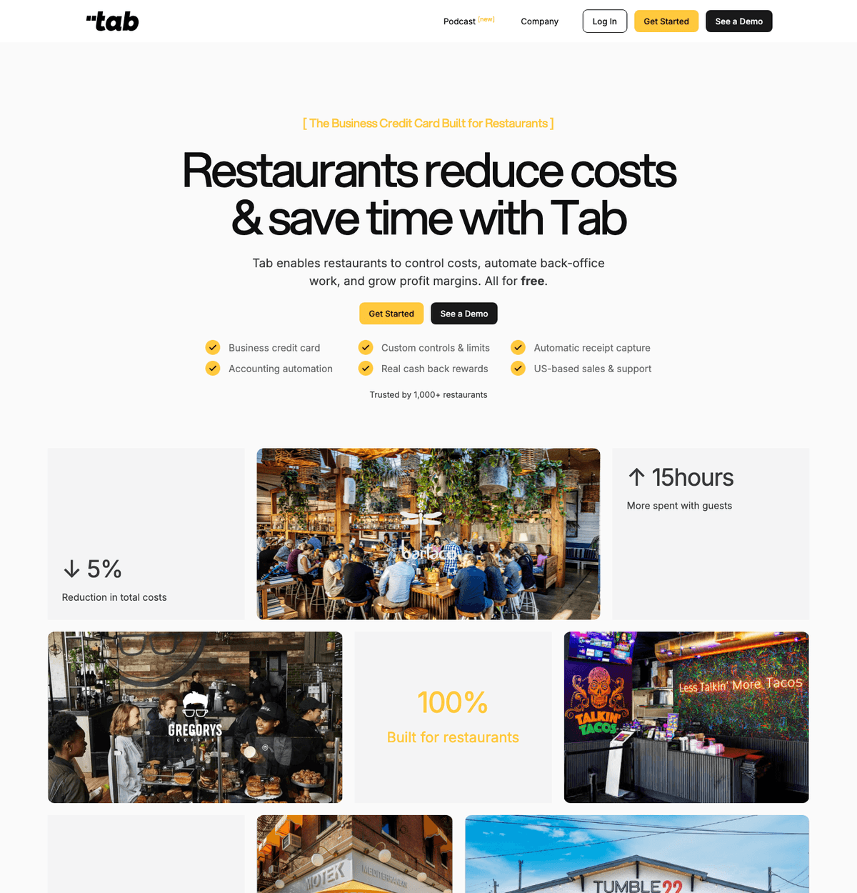 Tab Commerce homepage showing its restaurant finance platform