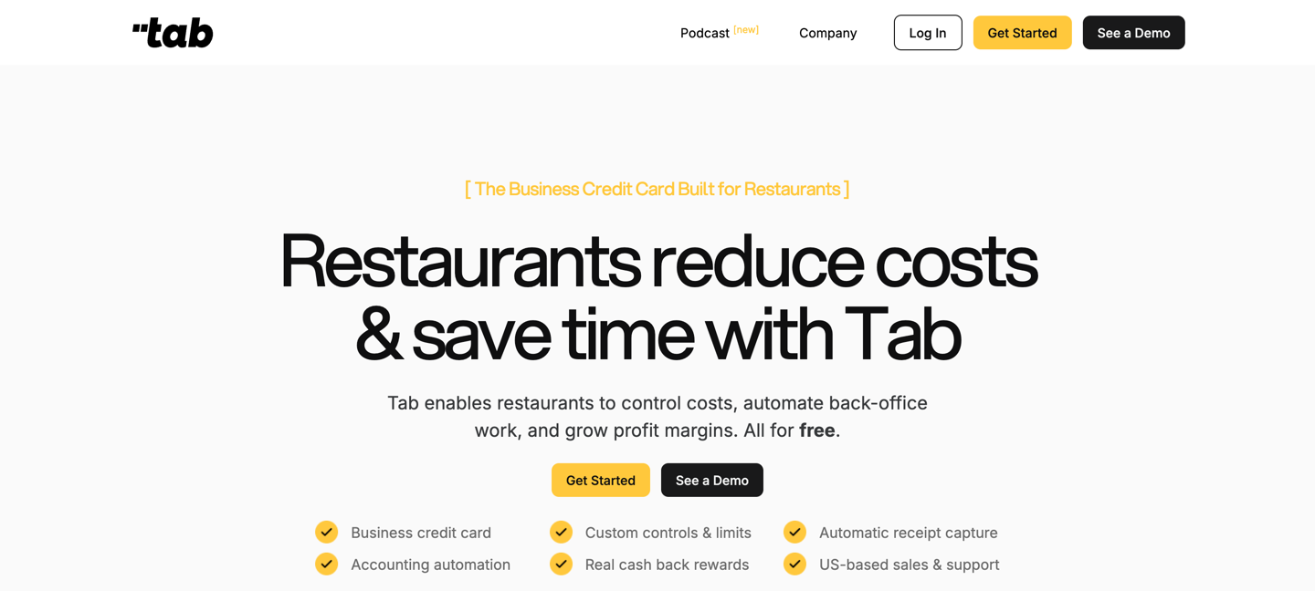 The Tab Commerce card page, showing the headline Restaurants reduce costs and save time with Tab, and a feature row listing business credit card, custom controls and limits, automatic receipt capture, accounting automation, real cash back rewards, and US-based sales and support
