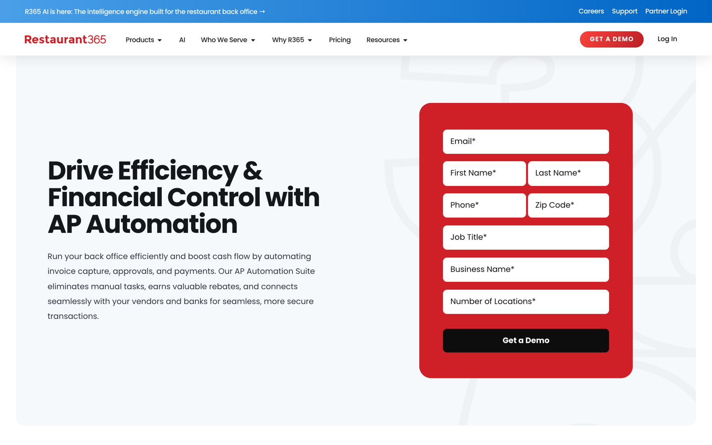 The Restaurant365 AP automation page, showing the headline Drive Efficiency and Financial Control with AP Automation beside a demo request form asking for job title, business name and number of locations