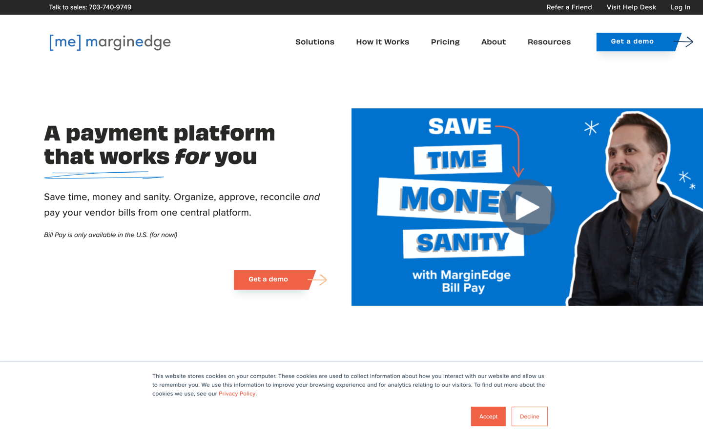 The MarginEdge Bill Pay page, showing the headline A payment platform that works for you beside a video thumbnail for MarginEdge Bill Pay, with a note that Bill Pay is only available in the US