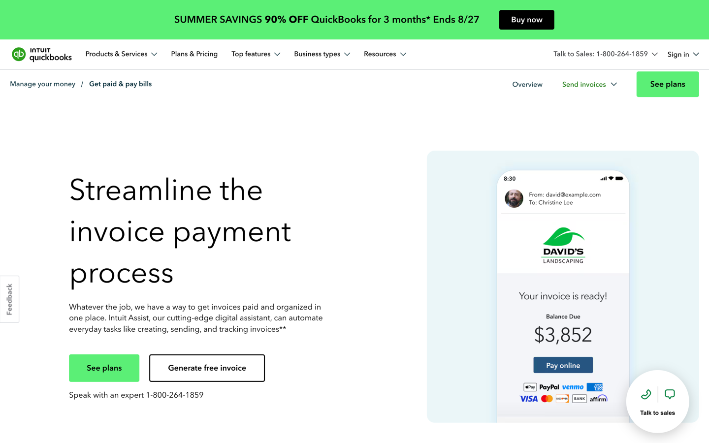The QuickBooks invoicing page, showing the headline Streamline the invoice payment process beside a phone mockup of a customer invoice with a balance due and a pay online button