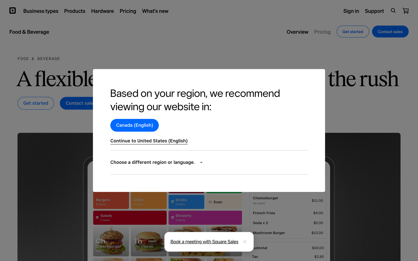 The Square for Restaurants page, showing the headline A flexible restaurant POS made for the rush above a tablet running an open check with menu tiles and a running total