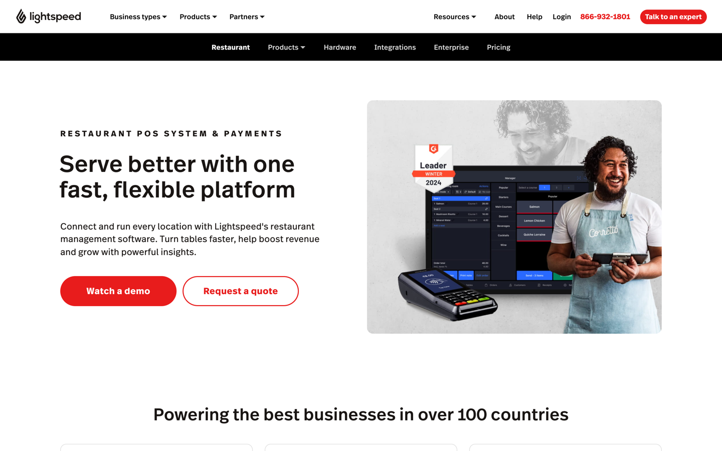 The Lightspeed Restaurant POS page, showing the headline Serve better with one fast flexible platform beside a photo of a Lightspeed card terminal and a manager screen listing table orders and courses