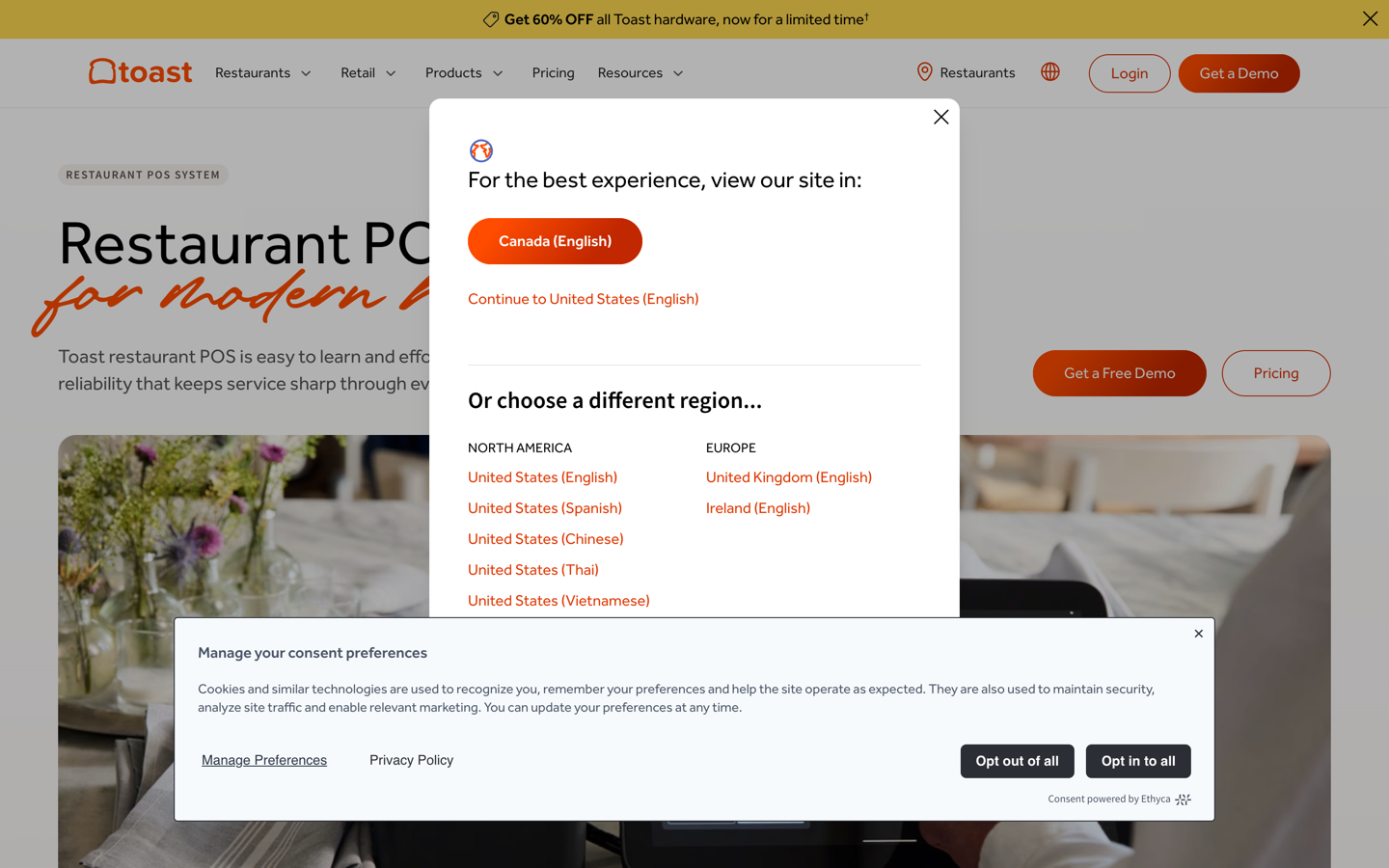 The Toast restaurant POS page, showing the headline Restaurant POS system for modern hospitality above a photo of a Toast terminal and card reader on a dining table with an open check on screen
