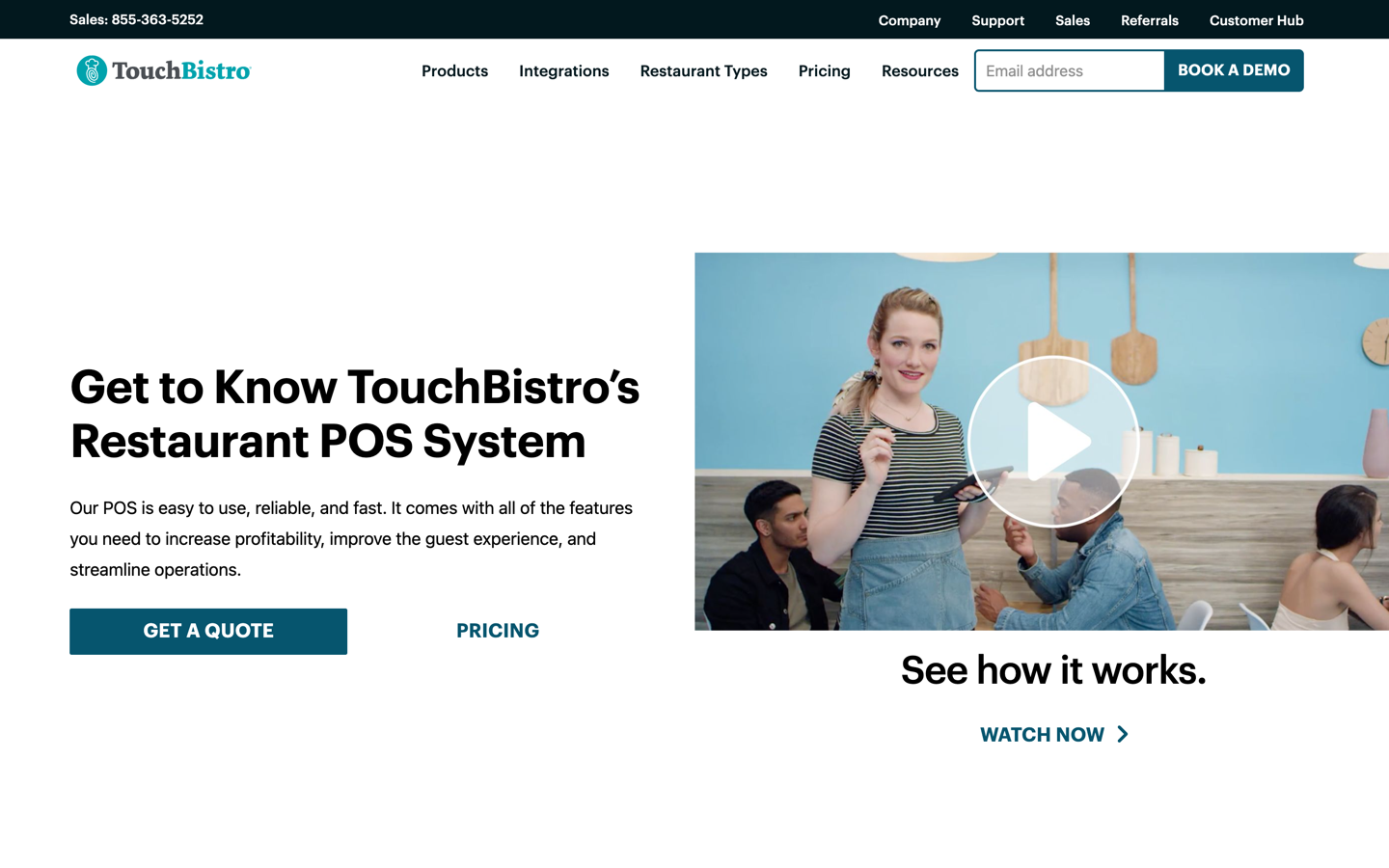 The TouchBistro POS page, showing the headline Get to Know TouchBistro's Restaurant POS System beside a video thumbnail of a server taking an order on a handheld in a dining room