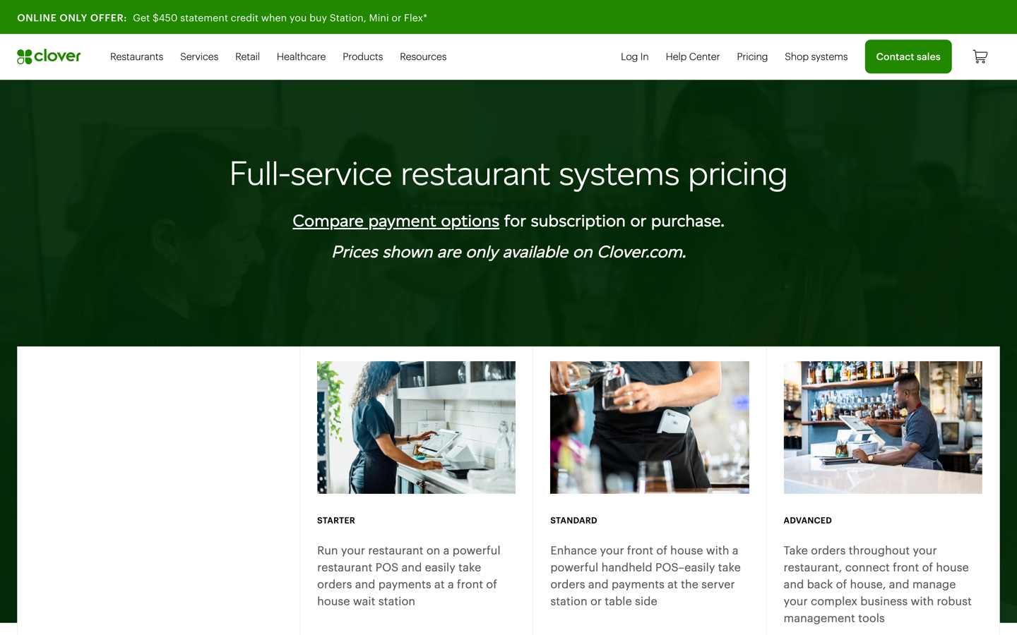 Clover's full-service restaurant systems pricing page, showing Starter, Standard and Advanced configurations with photos of Clover stations at a wait station, table side, and a bar