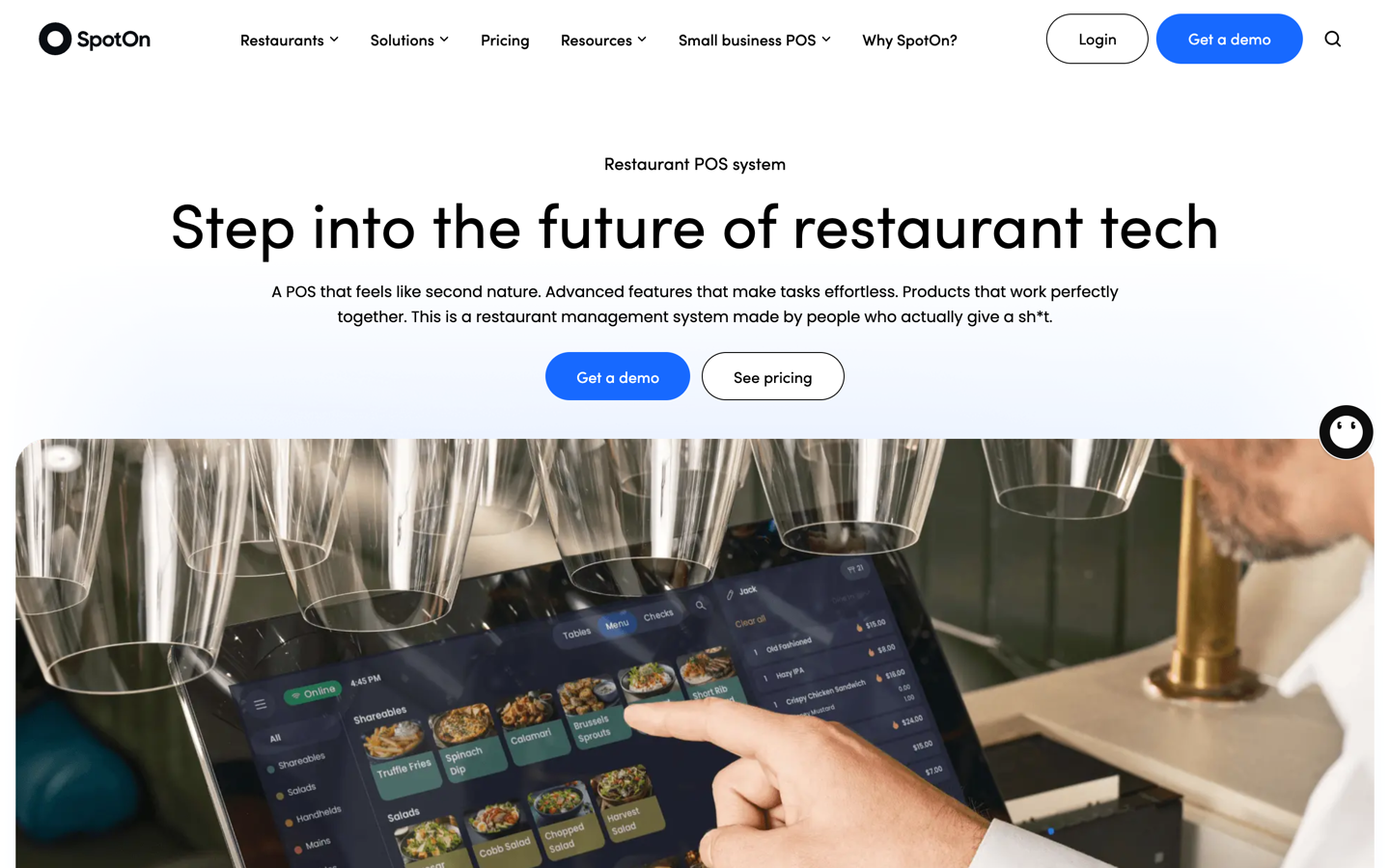 The SpotOn Restaurant POS page, showing the headline Step into the future of restaurant tech above a photo of a server tapping menu items on a SpotOn tablet behind a bar