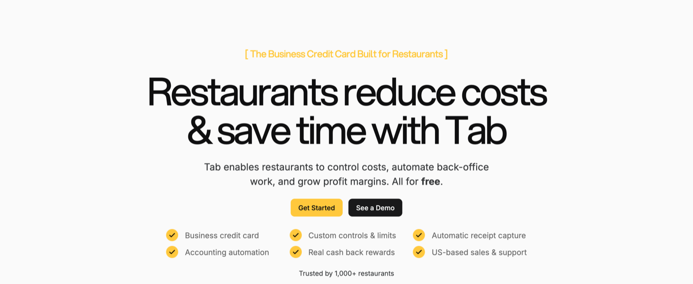 The Tab Commerce card page above the fold, listing business credit card, custom controls and limits, automatic receipt capture, accounting automation, real cash back rewards, and US-based sales and support