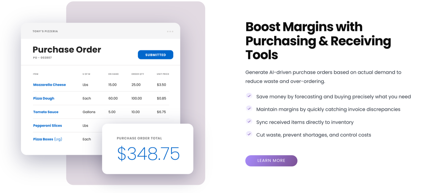 Restaurant365 inventory page section headed Boost Margins with Purchasing and Receiving Tools, beside a sample purchase order screen listing mozzarella, dough, sauce and boxes with a purchase order total