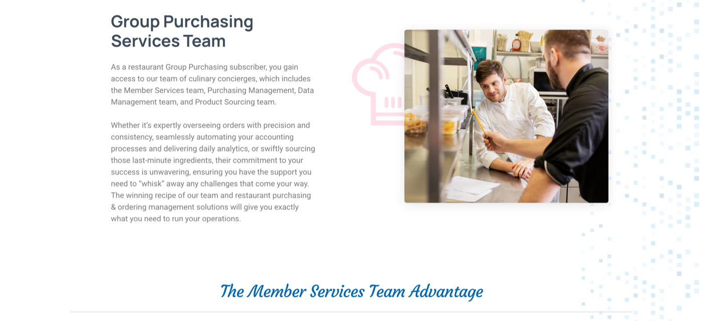 ChefMod procurement page, Group Purchasing Services Team section describing the member services, purchasing management, data management and product sourcing teams, above a heading for the Member Services Team Advantage