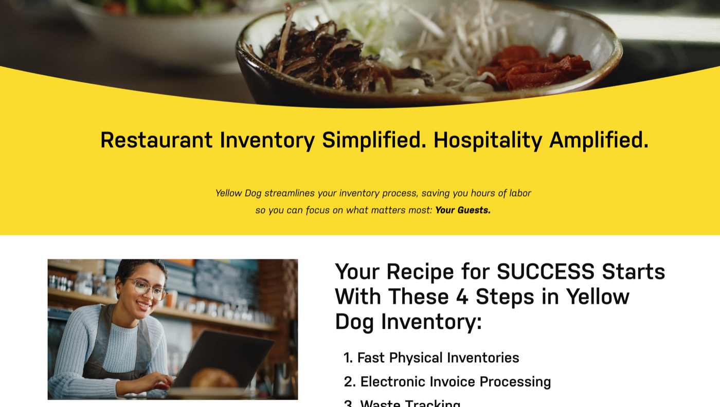 Yellow Dog food and beverage inventory page listing the four steps of Yellow Dog Inventory: fast physical inventories, electronic invoice processing, waste tracking, and automatic revenue capture from the point of sale system