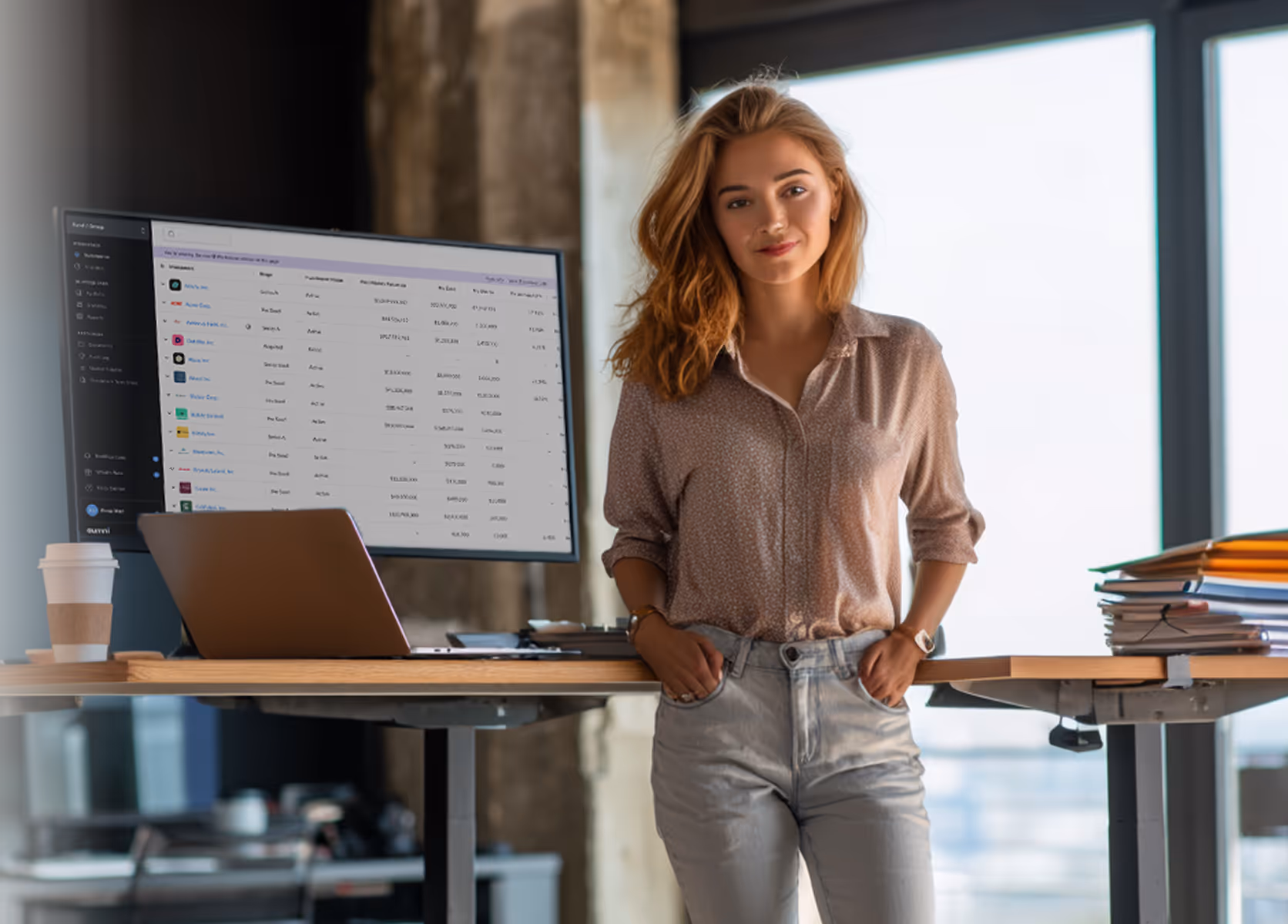 A woman standing next to a desk with a computer on it.