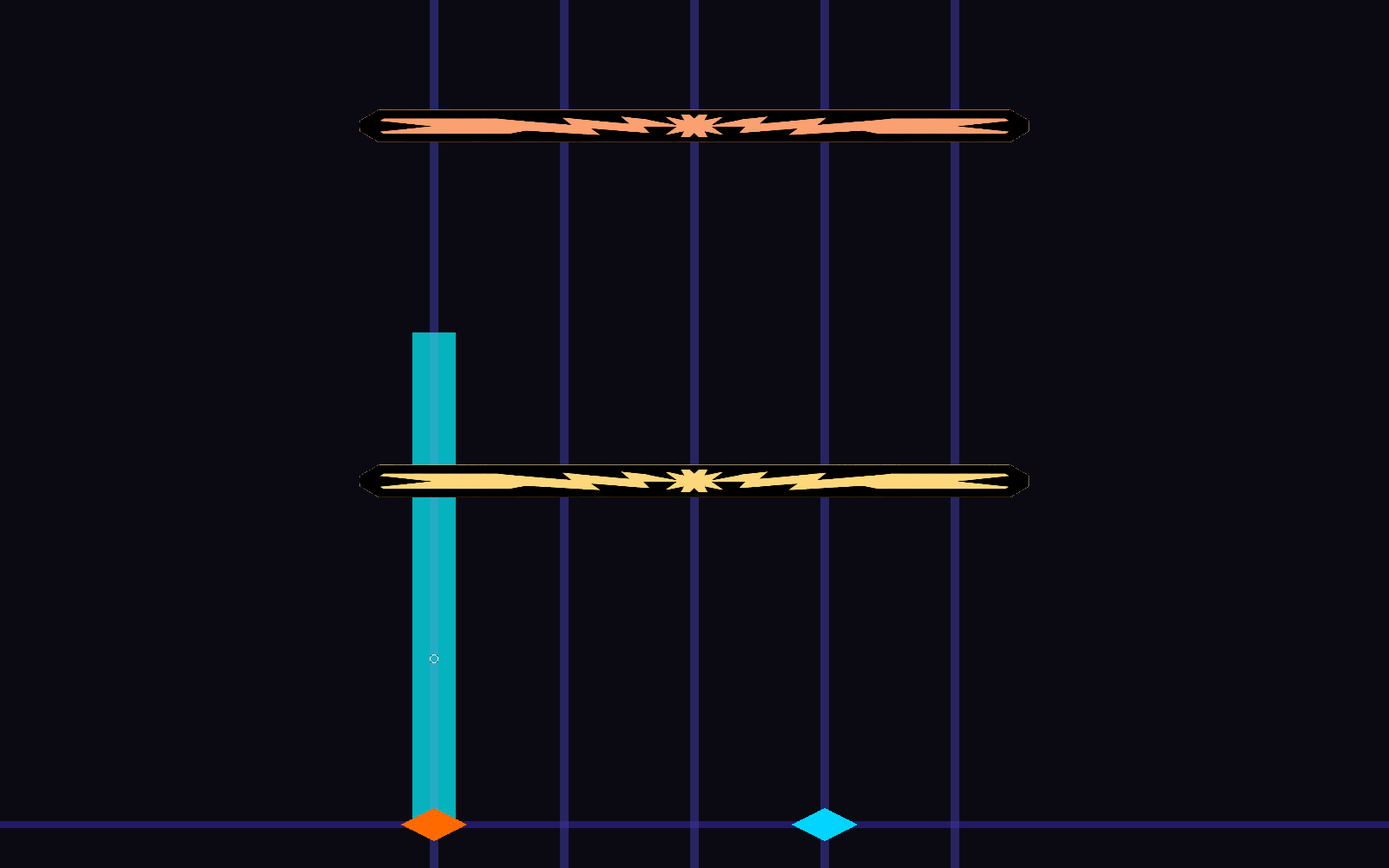 Current Hold scene: contrasting note behaviors and the dual-orb playfield. Captured directly from the running game camera.