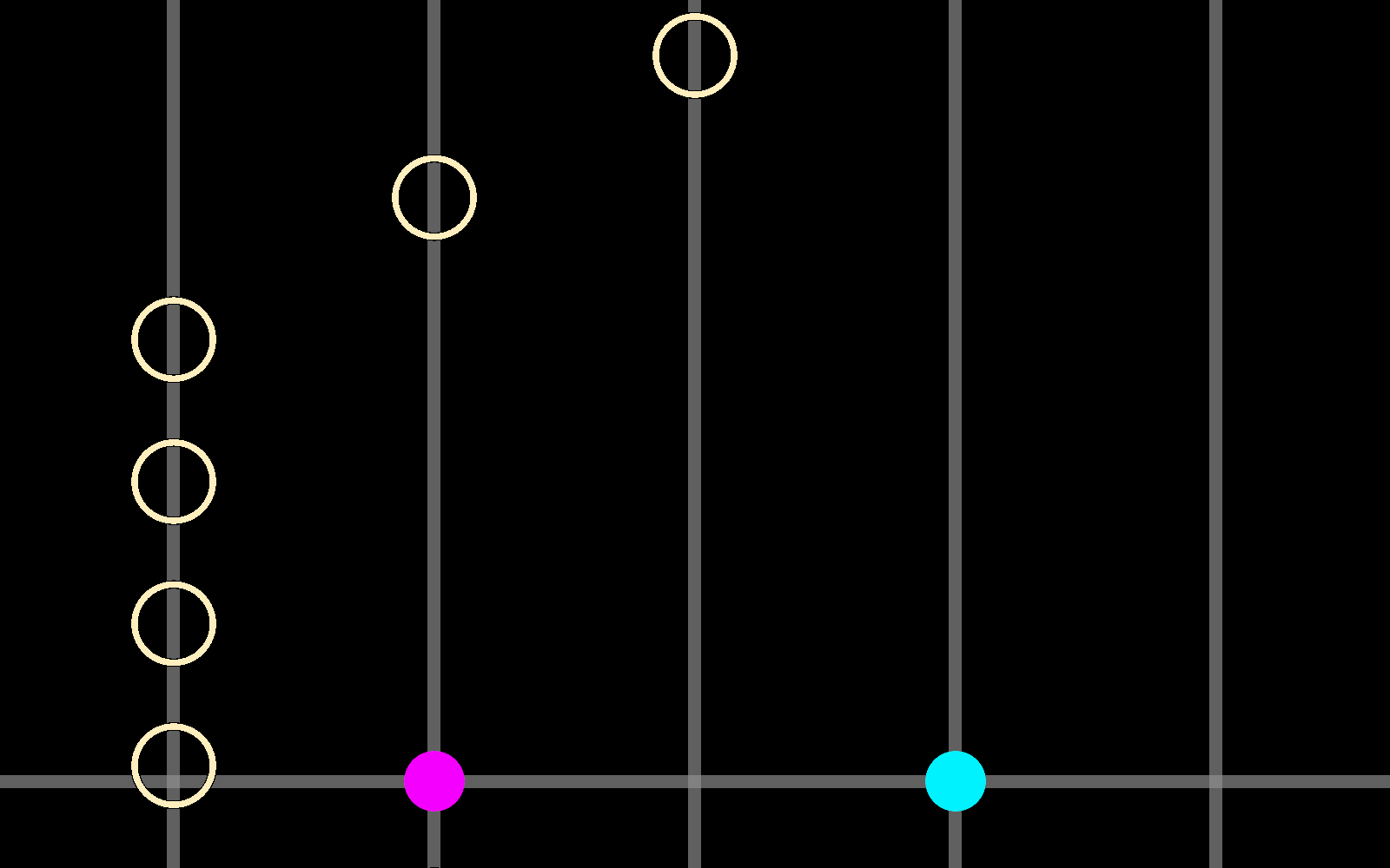 Earlier test scene: five-lane timing and two independently positioned orbs.