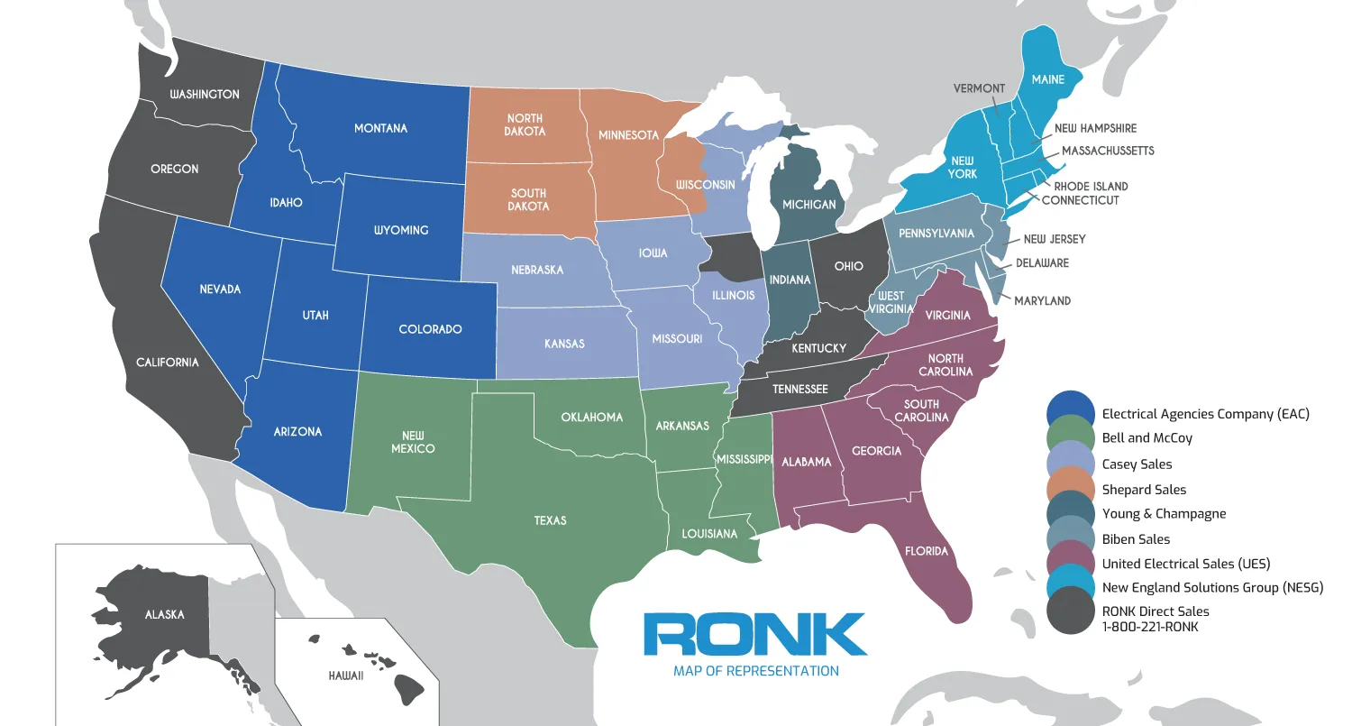 A map showing the Rep Agencies of Ronk Electrical