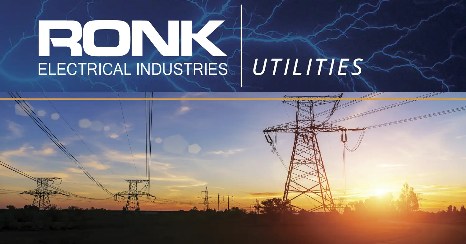 Graphic showing the RONK logo as well as the header of Utilities. The background image shows powerlines during a sunset.