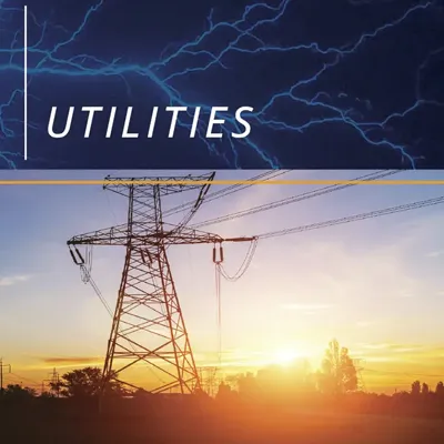 Graphic showing the RONK logo as well as the header of Utilities. The background image shows powerlines during a sunset.