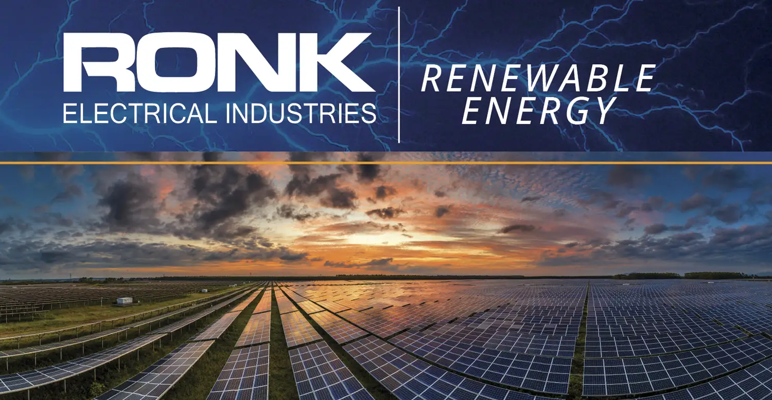 RONK logo over a field of solar panels and renewable energy