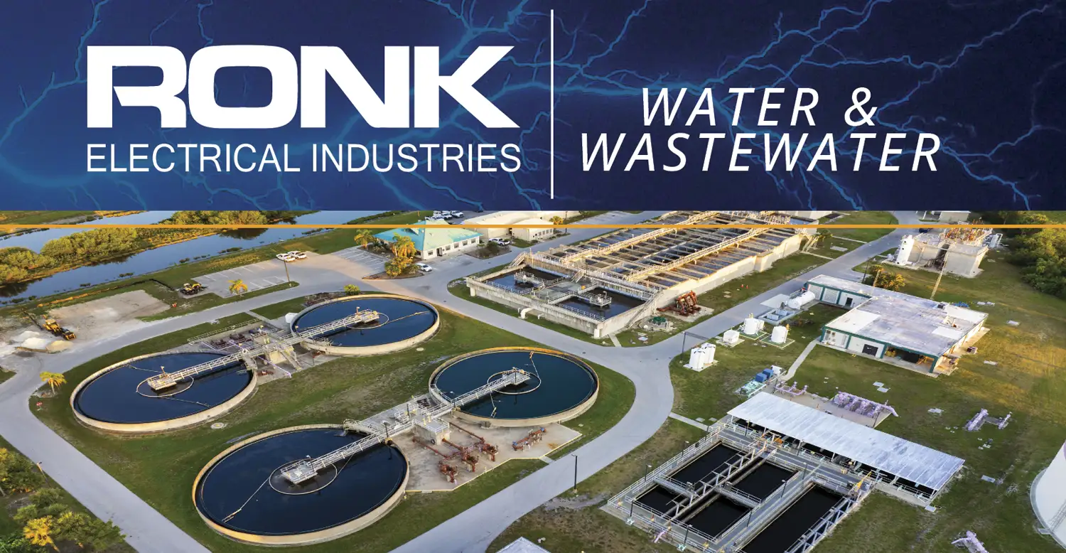 The RONK logo with wastewater treatment and clean water in the background
