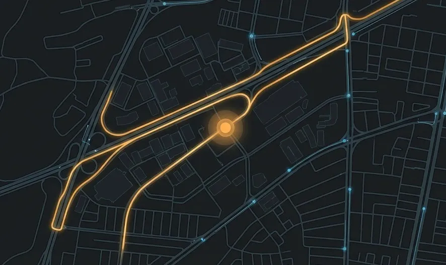 Mapa oscuro de calles y avenidas con una ruta resaltada en naranja brillando.