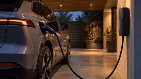 Auto eléctrico cargando en casa durante la noche