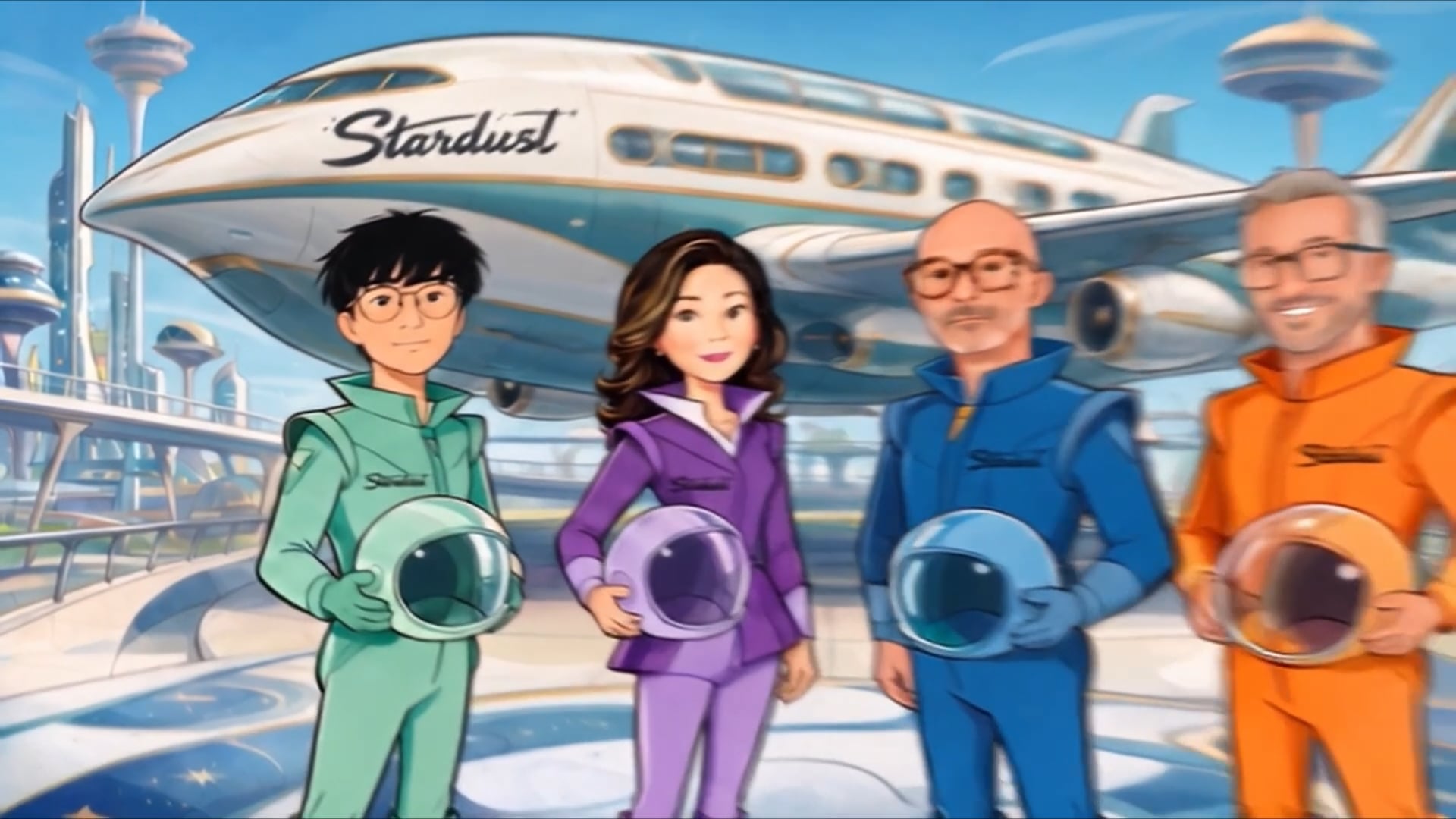 Stardust Tours crew in front of the Stardust jetliner – AI-produced attraction content