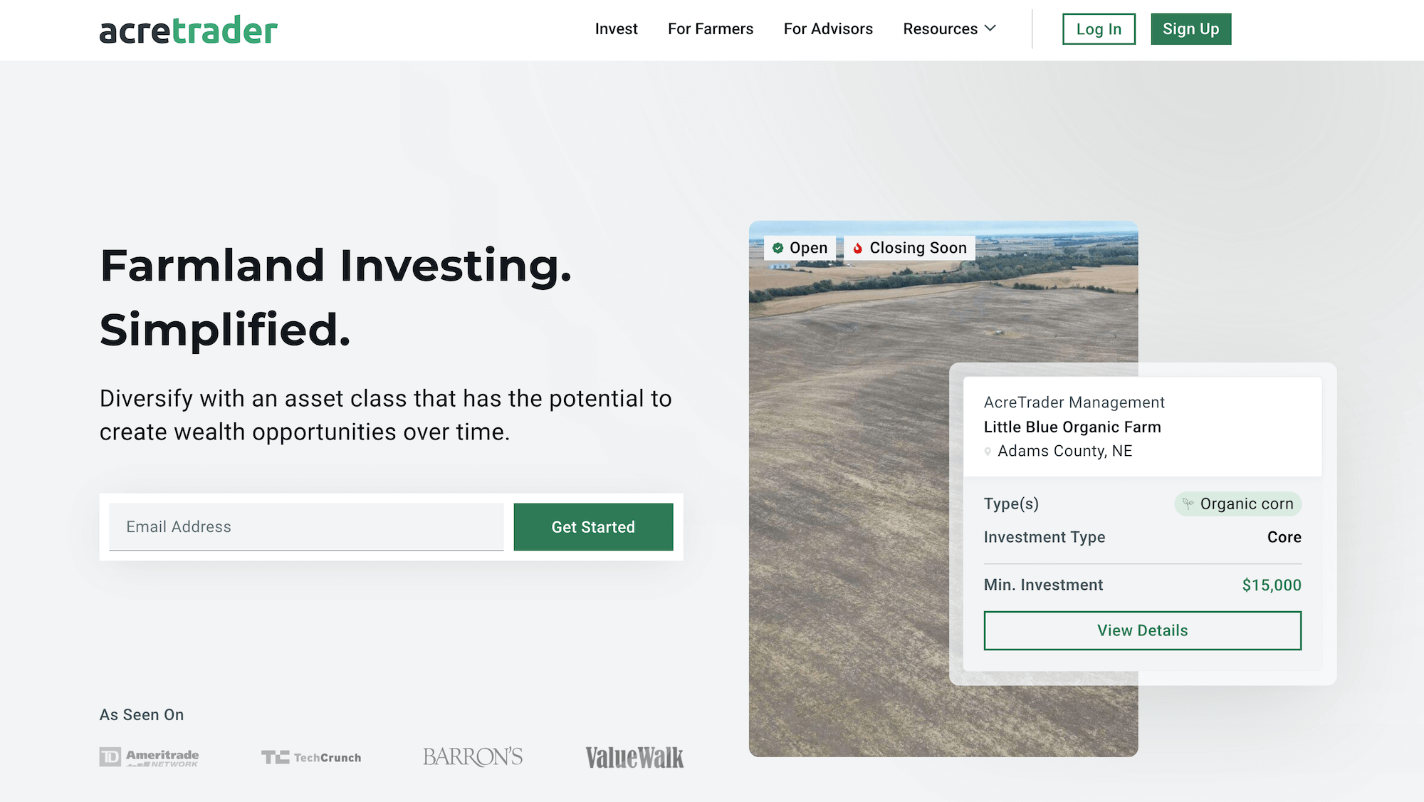 AcreTrader homepage: Farmland Investing. Simplified.
