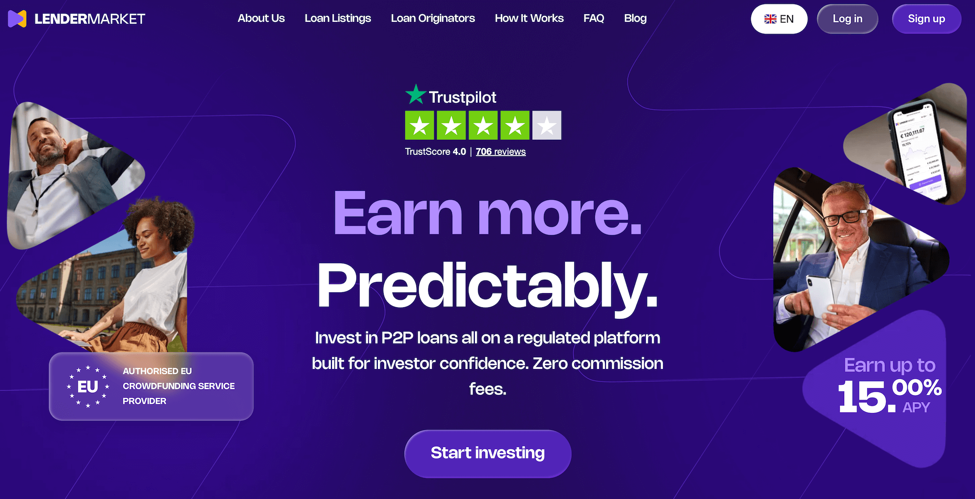 LenderMarket homepage: Earn more. Predictably.