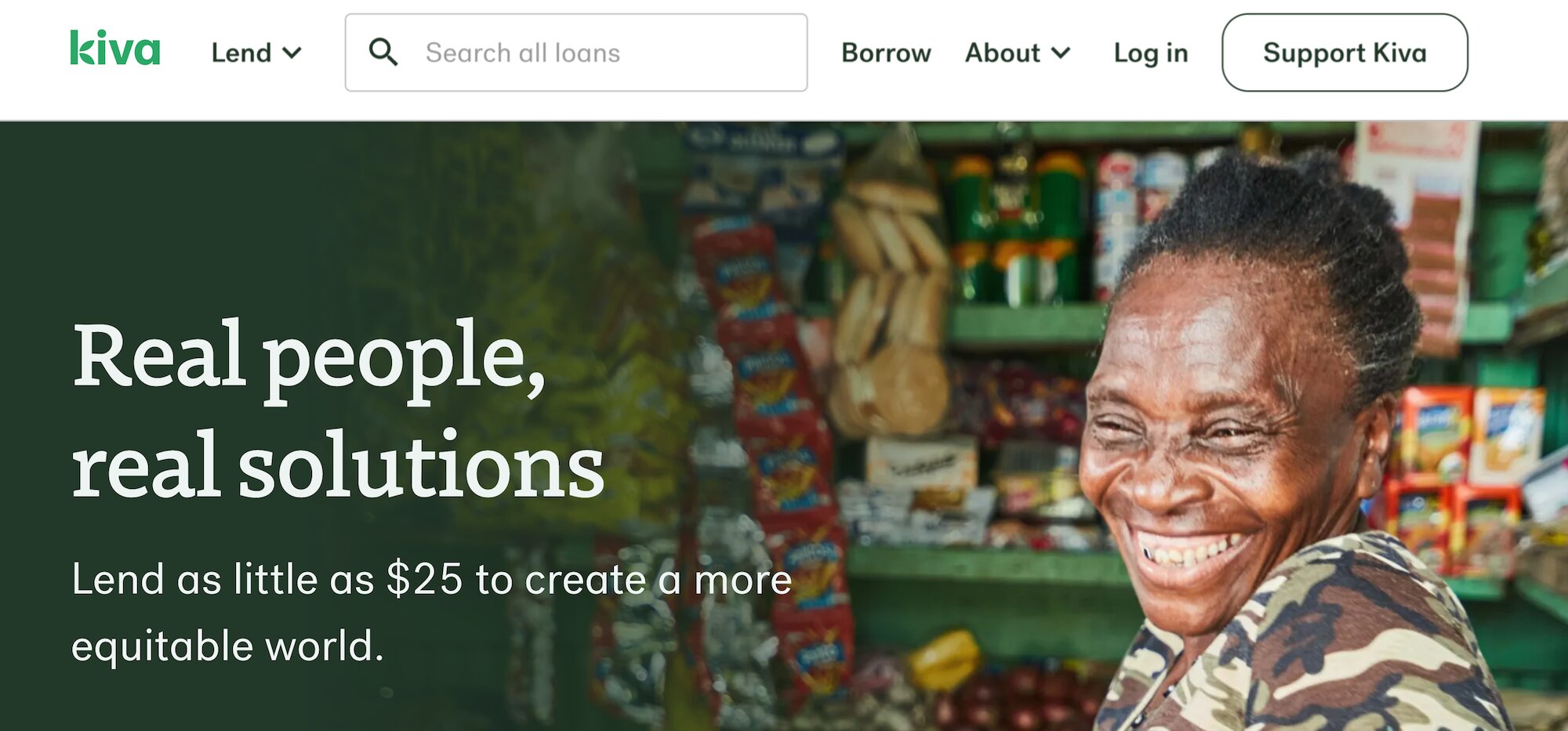Kiva homepage: Real people, real solutions