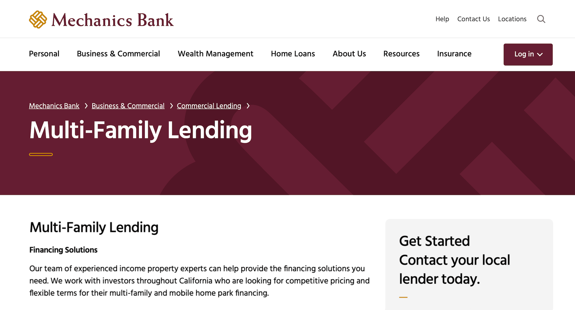 Mechanics Bank Multi-Family Lending landing page