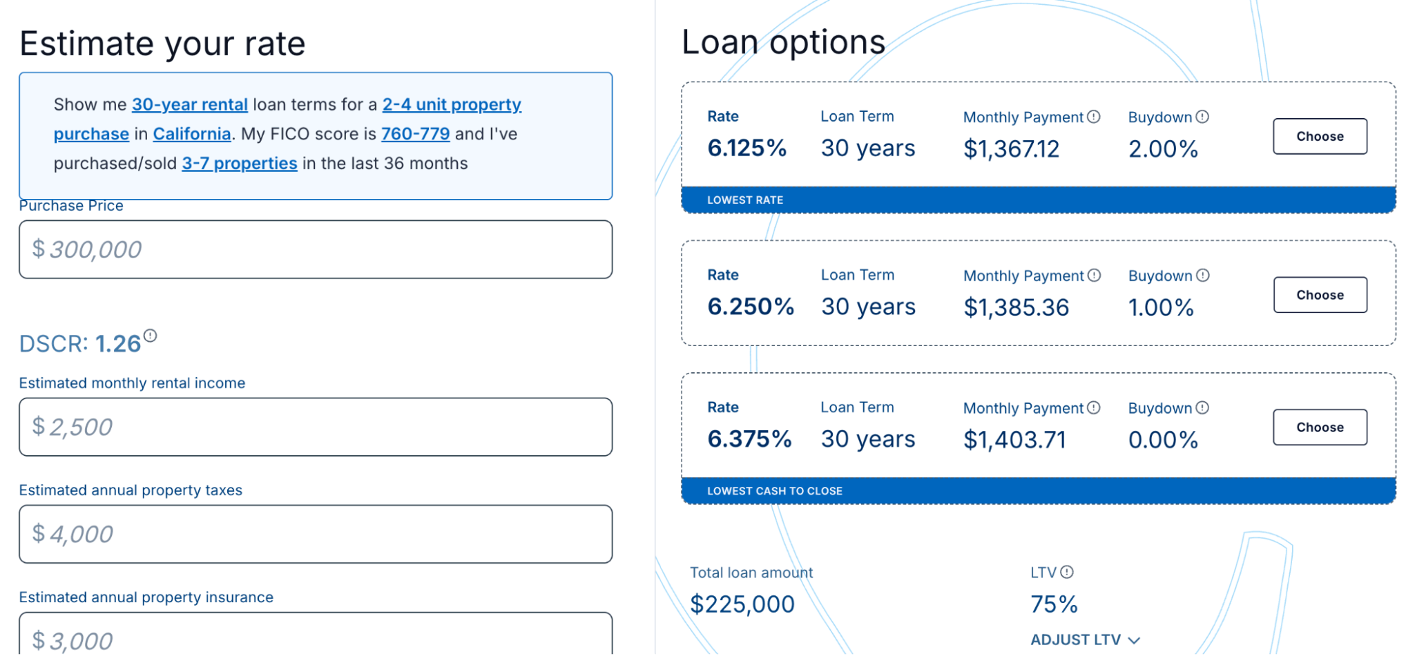Estimate your rate and loan options example