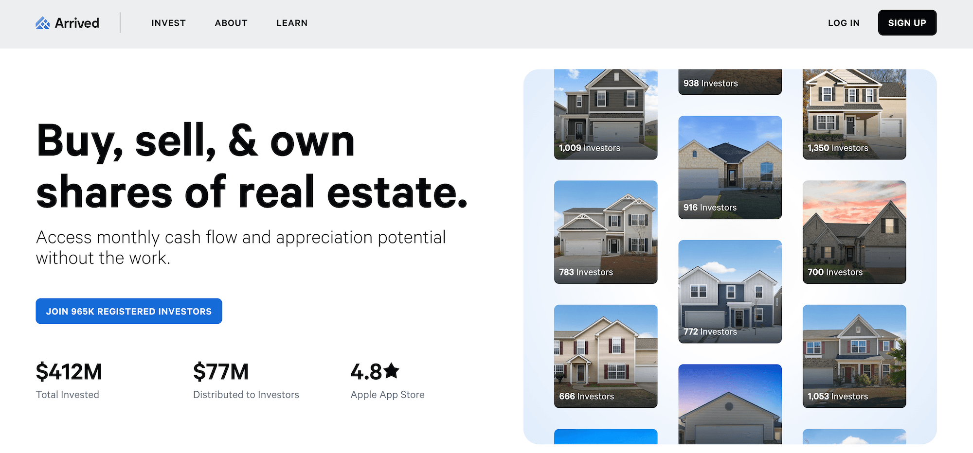 Arrived Homes homepage: Buy, sell & own shares of real estate