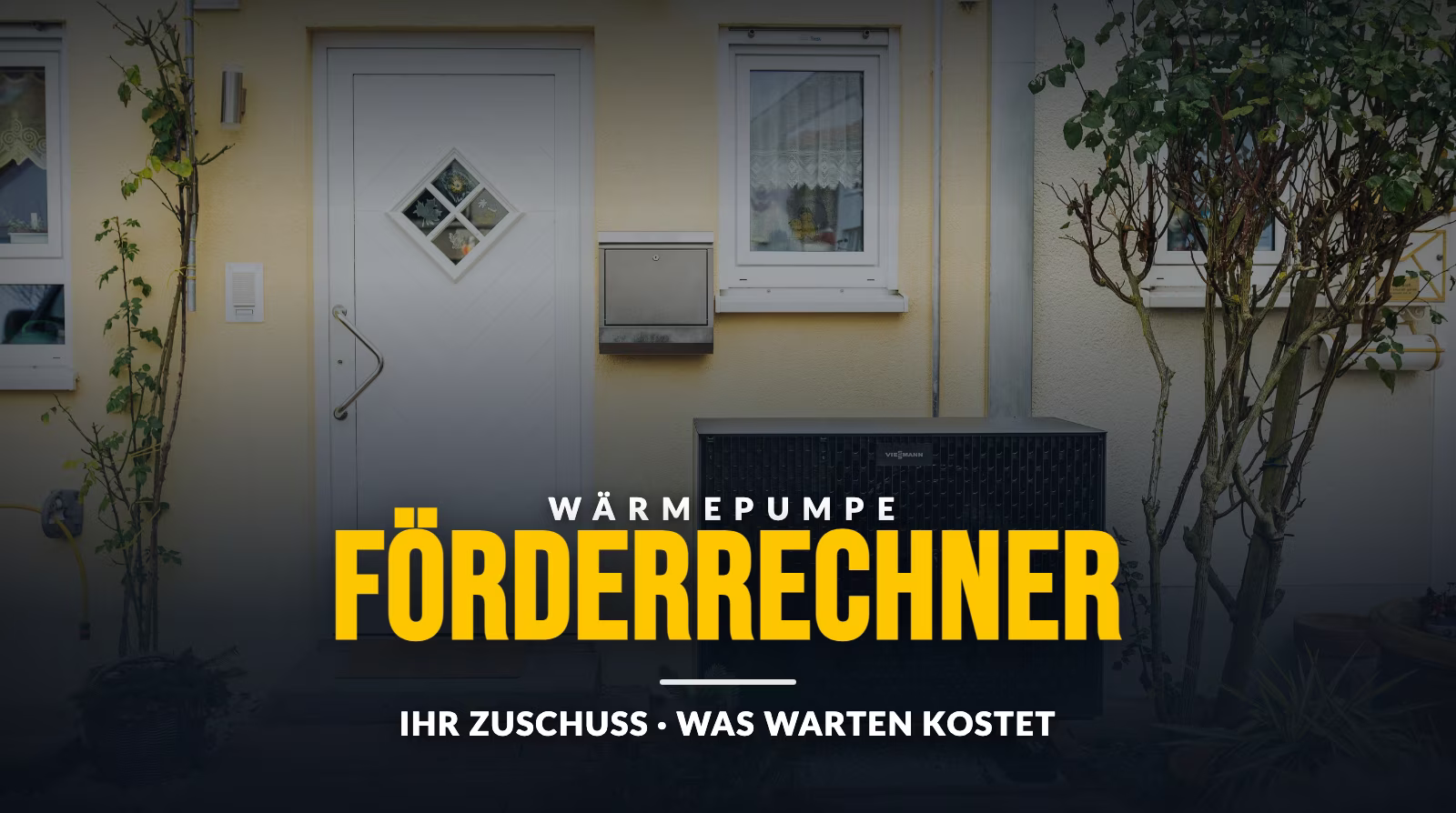 Wärmepumpe vor einem Reihenhaus, Titelbild Fördermittelrechner