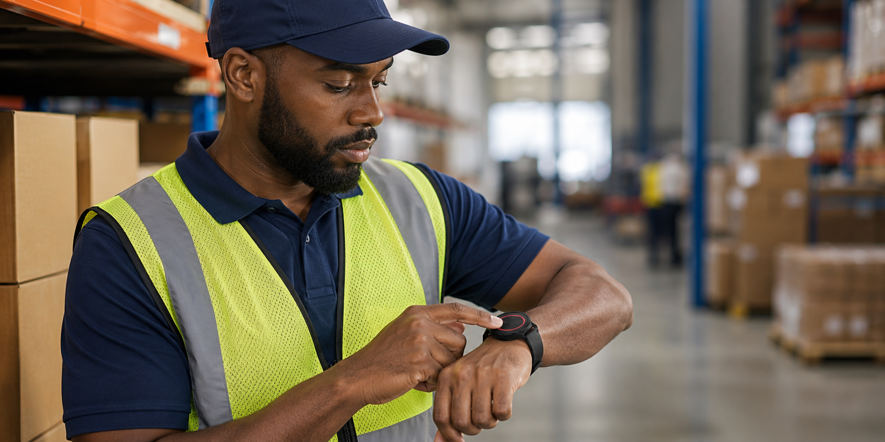 Warehouse worker wearing a lone worker panic button watch