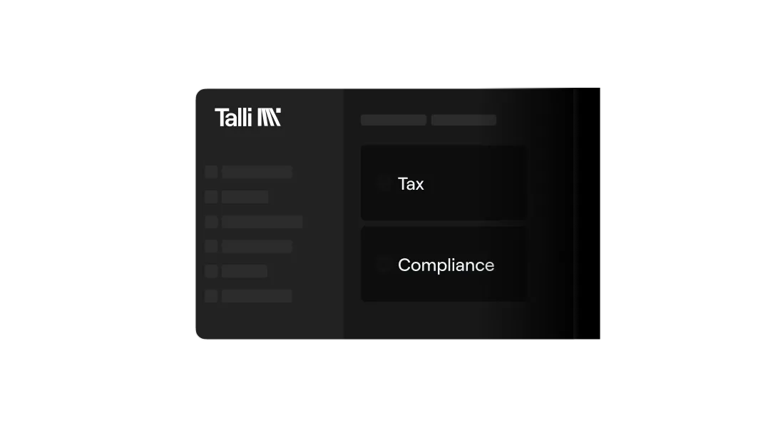 Dark-themed interface with Talli logo on left and two black buttons labeled Tax and Compliance on the right.