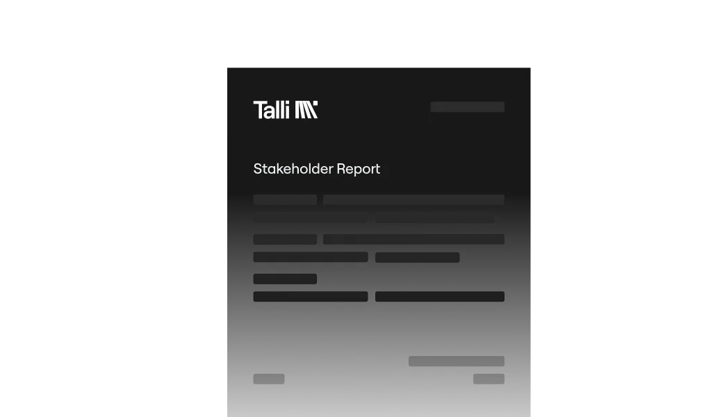 Document titled 'Stakeholder Report' with the Talli logo at the top on a dark background.