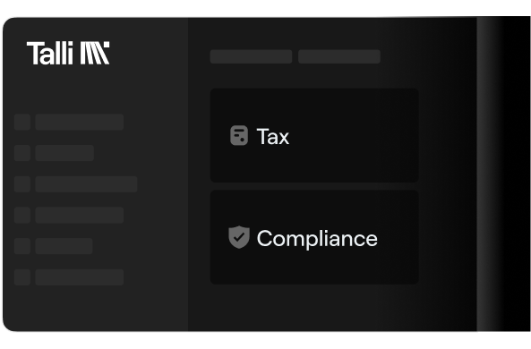 Partial screenshot of a user interface showing the Talli logo, menu items, and buttons labeled Tax and Compliance.