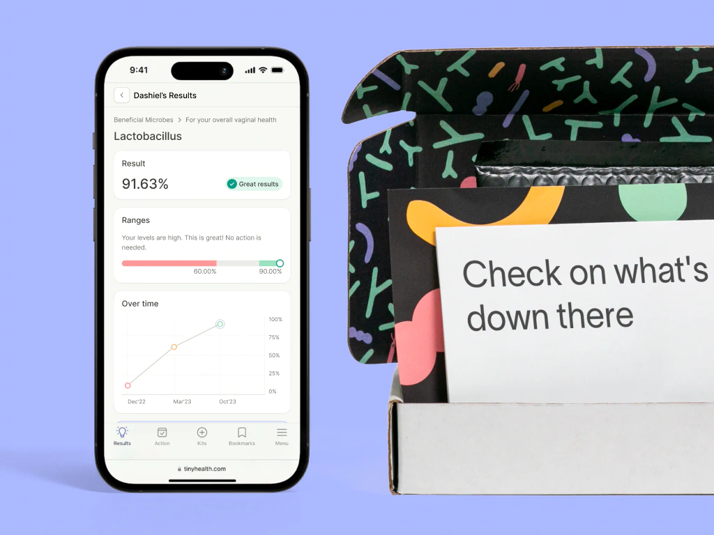 Tiny Health app showing 91.63% for "Lactobacillus," beside a box with a card.