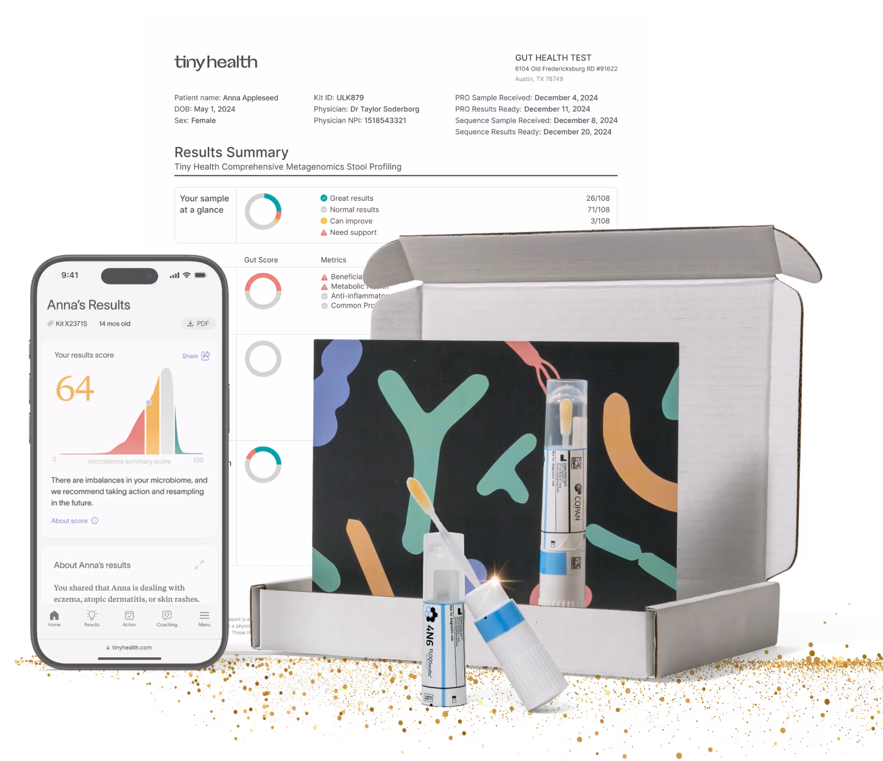 Tiny Health gut microbiome testing kit with open box containing a stool sample collection tube, a swab, and a smartphone displaying microbiome test results and recommendations.