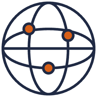 Icon of a globe with three orange connection points representing global network.