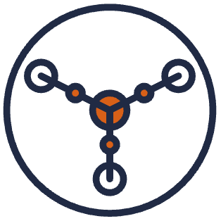 Abstract network icon with a central orange circle connected by lines to smaller circles, all within a larger circle.