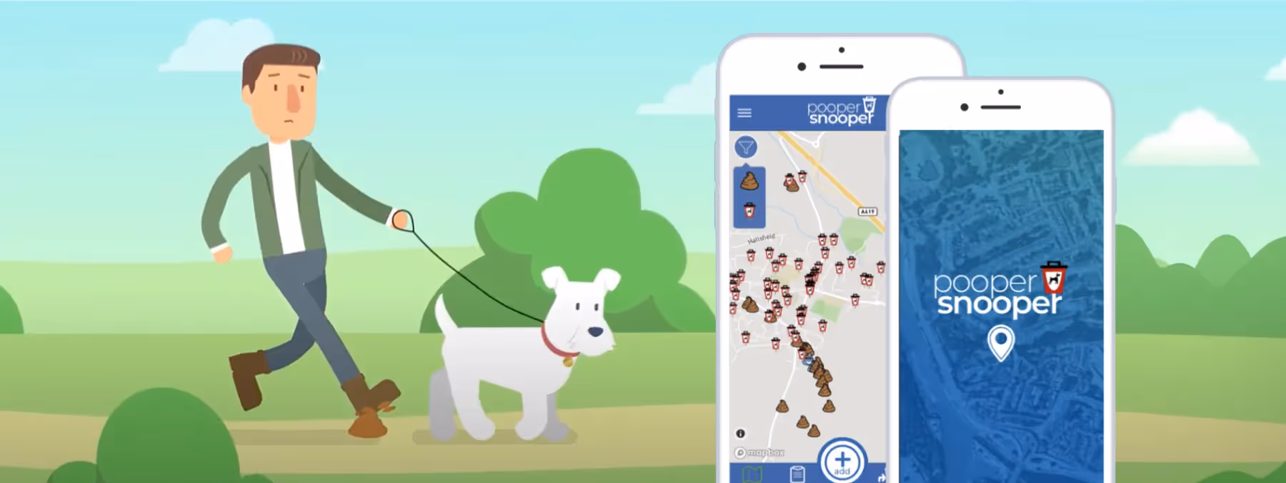 An illustrative scene with green trees and blue sky showing 2 phones with scrnenshots from the Pooper Snooper app on them.