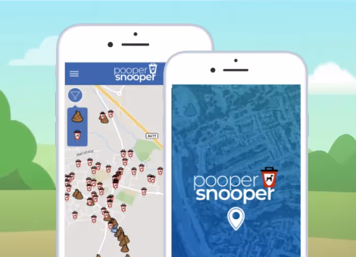 An illustrative scene with green trees and blue sky showing 2 phones with scrnenshots from the Pooper Snooper app on them.