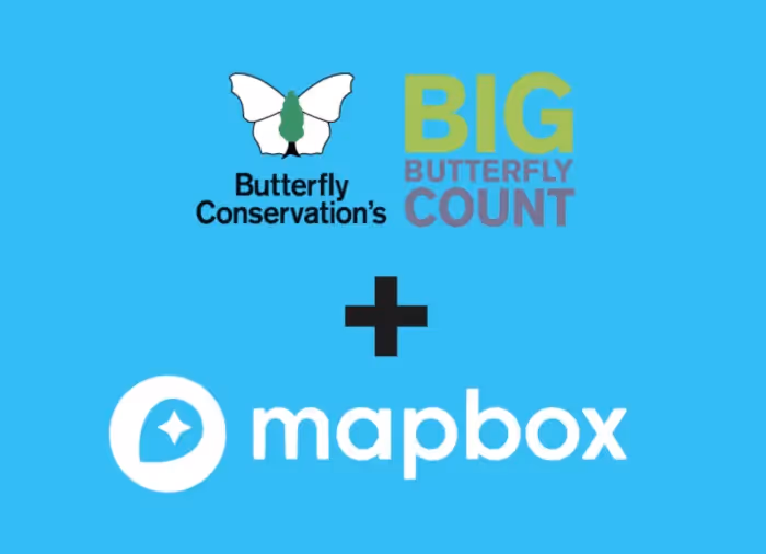 Logos of Butterfly conservation, the Big Butterfly Count and Mapbox, on a blue background. 