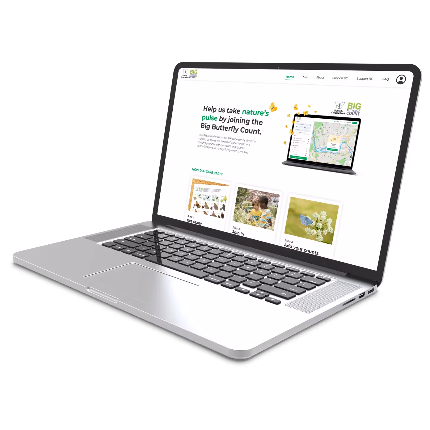 A laptop showing the home page of the Big Butterfly Count website