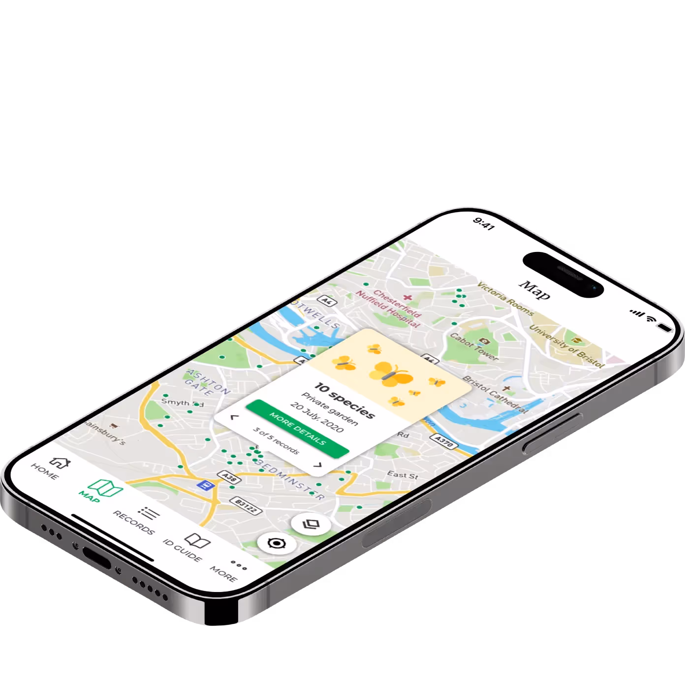 A phone showing a screnshot from the Big Butterfly Count app, with a map on it showing where the butterflies have been seen.