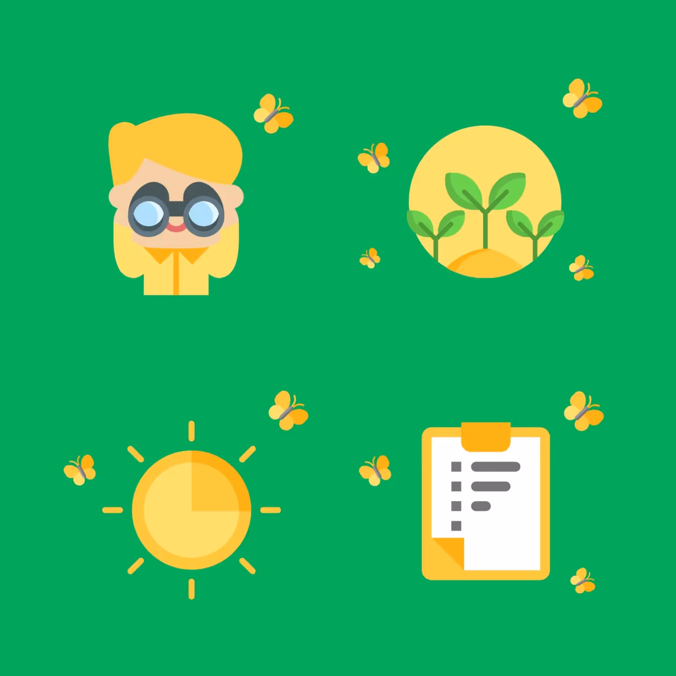 Yellow and green illustrations used in the Big Butterfly Count app including a person with binoculars, some plants, a timer and a clip board with butterflies round it.
