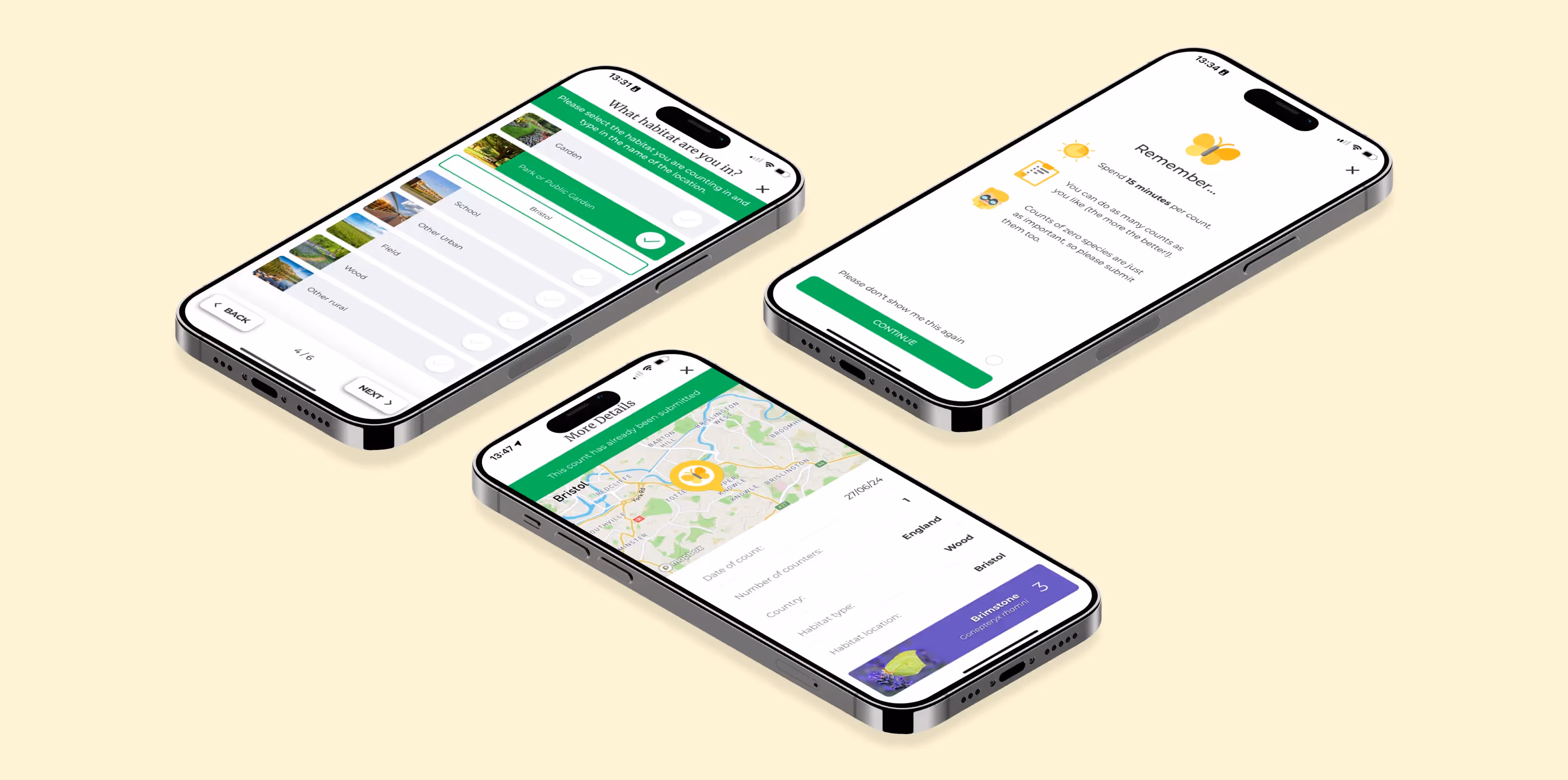 3 phones lying down, showing screenshots form the Big Butterfly Count app on them.